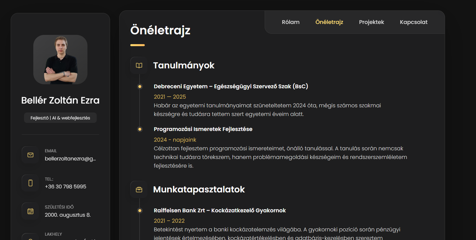Beller Zoltán Ezra portfólió weboldal előnézete